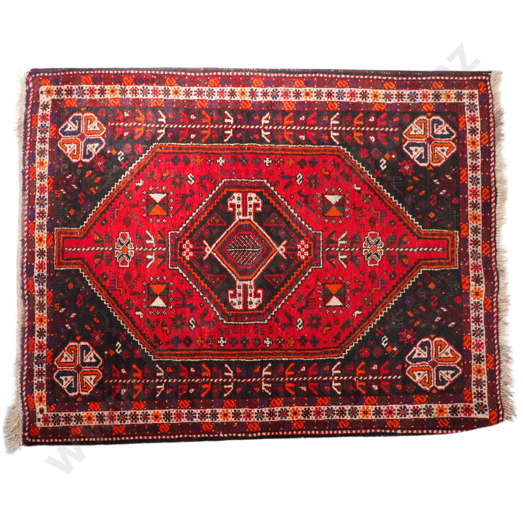 Handknotted Persian Rug 1530 by 1230mm: Vermillion, Claret, Deep Blue & Rich Brown Tones Image 1++