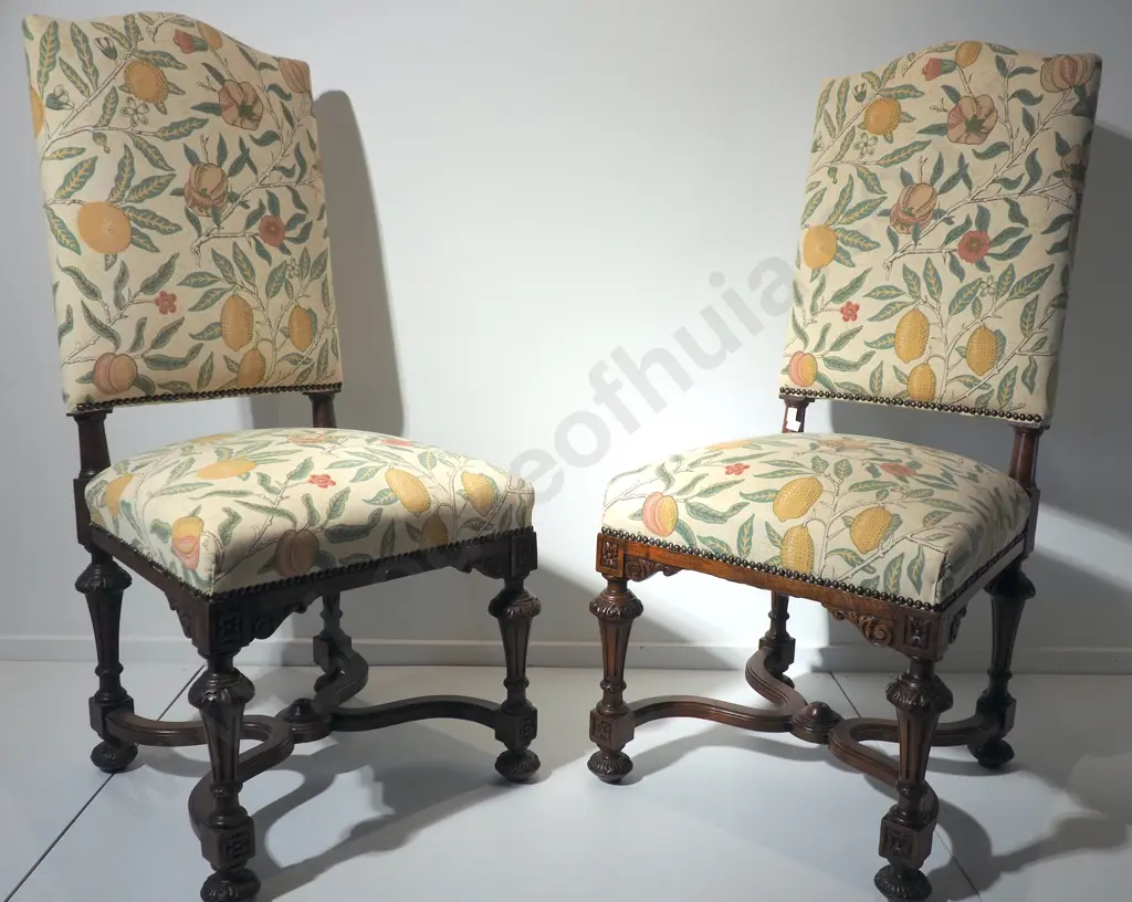 Pair of Antique Jacobean Style Chairs w English Arts & Craft Fabric Image 1++