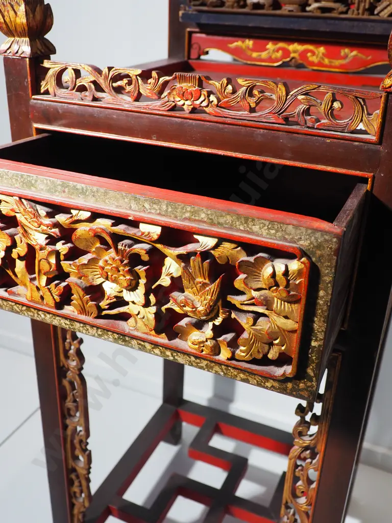 Ornate Chinese Dresser w Gilded Dragons, Birds & Flowers Image 1++