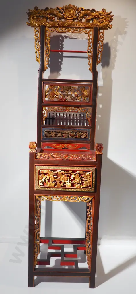 Ornate Chinese Dresser w Gilded Dragons, Birds & Flowers Image 1++
