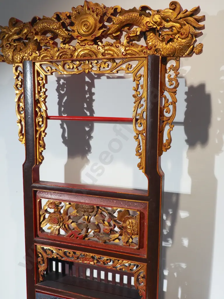 Ornate Chinese Dresser w Gilded Dragons, Birds & Flowers Image 1++