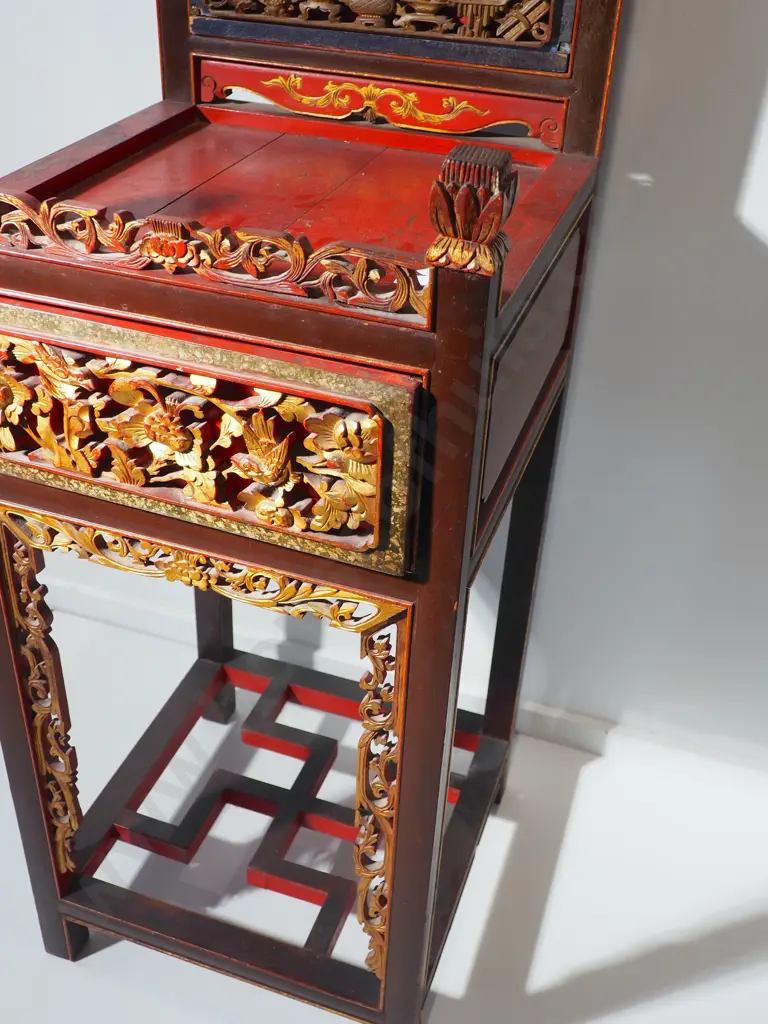 Ornate Chinese Dresser w Gilded Dragons, Birds & Flowers Image 1++