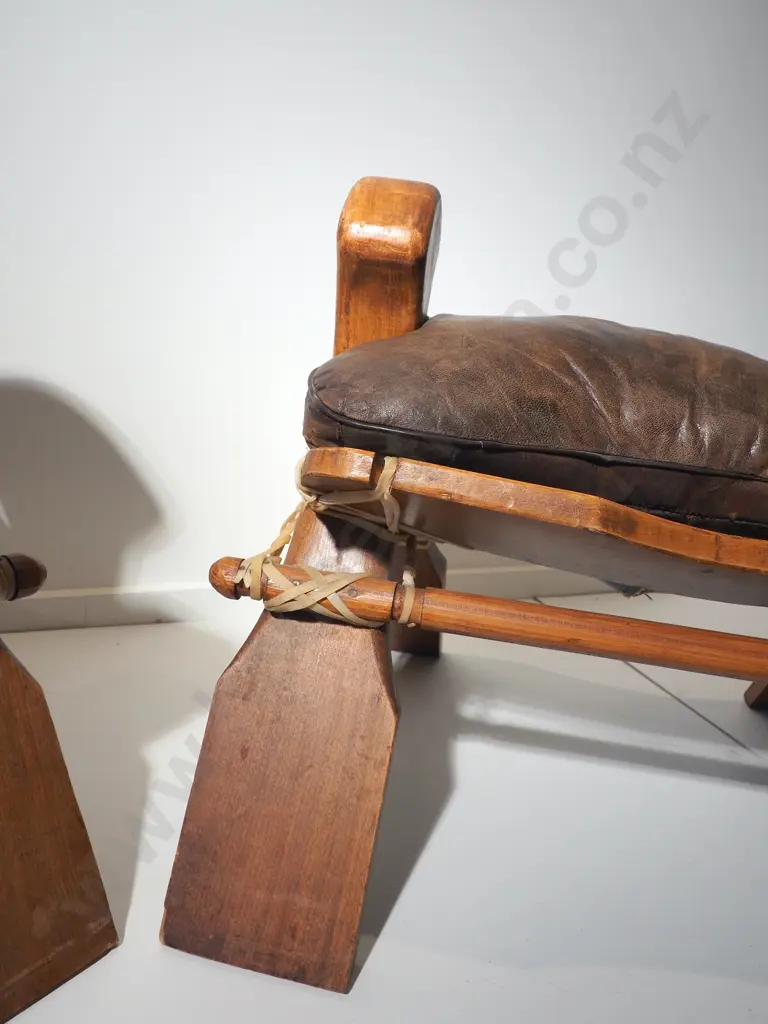 Two African Camel Saddles w Embossed Leather Cushions & Gut Ties Image 1++