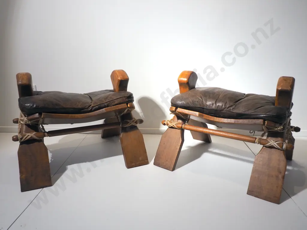 Two African Camel Saddles w Embossed Leather Cushions & Gut Ties Image 1++