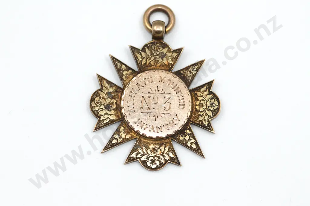 Waikato Mounted Infantry Shooting Prize Fob in 15ct Gold. Image 1++