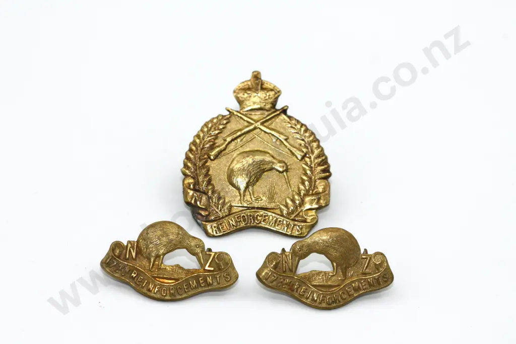 WW1 NZ 17th Reinforcements Cap & Collar Badges (3) Image 1++