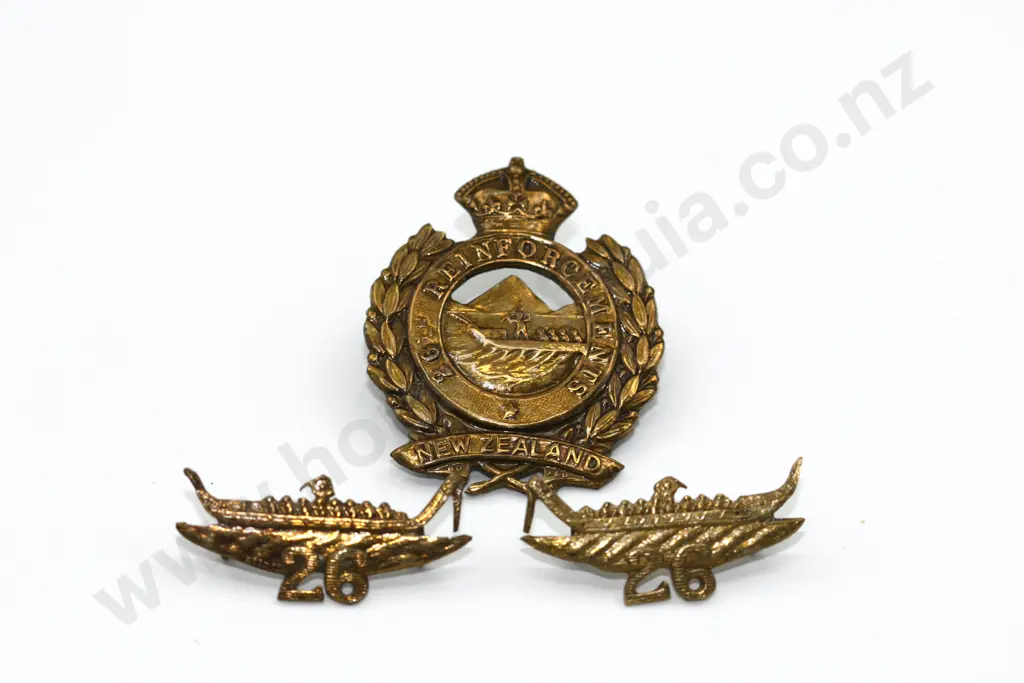WW1 NZ 26th Reinforcements Cap & Collar Badges (3) Image 1++