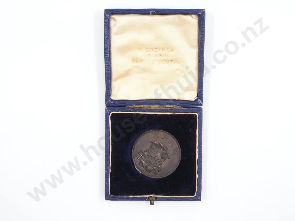 Cased 1914 New Plymouth High School Sports Medal to R M Rockell: In Original Case of Issue by N Greiner Jeweller Image 1++