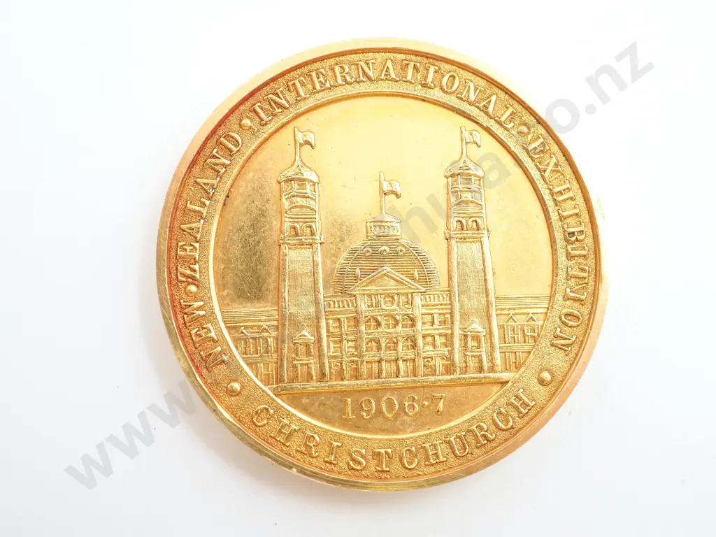 1906-07 New Zealand International Exhibition Christchurch 9ct Gold Award Medal to Watson Shennan Image 1++