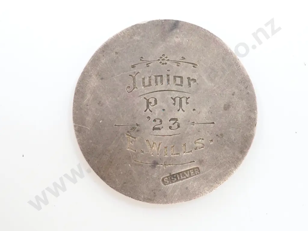 1923 Sterling Silver Nelson College Prize Medal: Awarded to E Wills who was head boy Image 1++