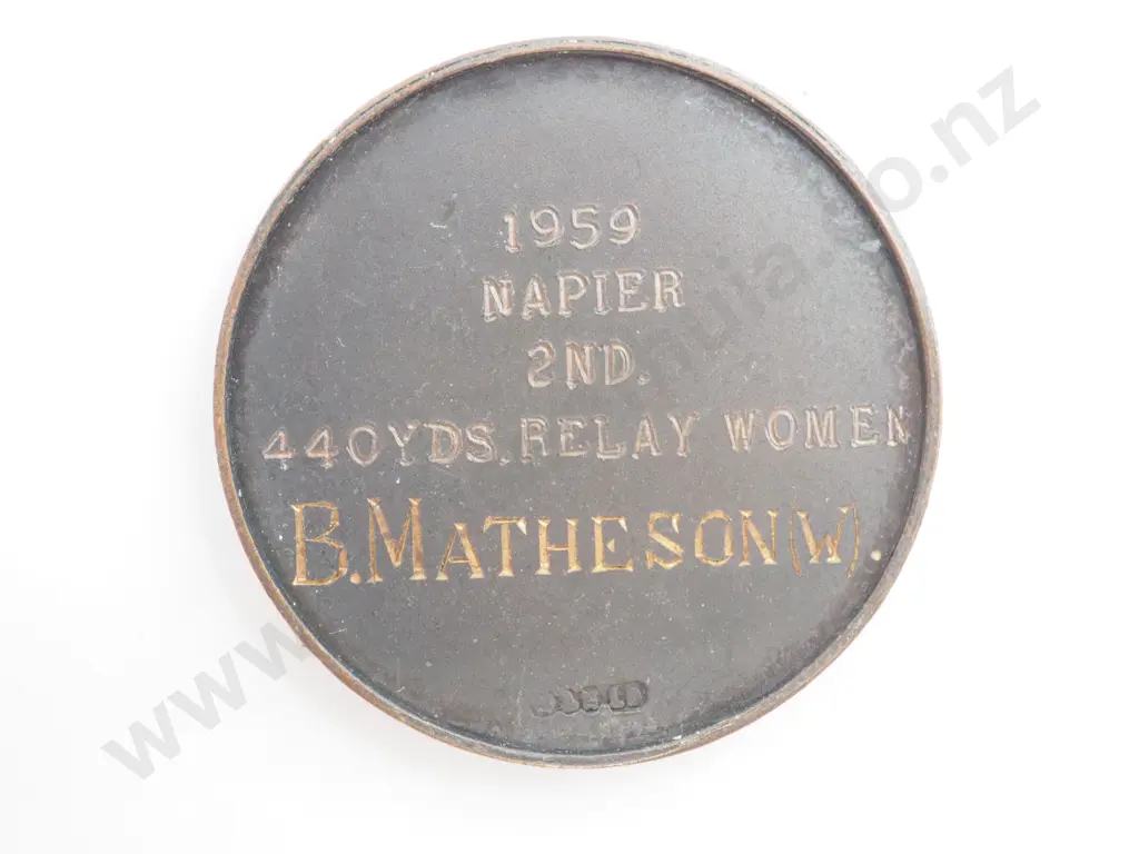 1959 NZ Amateur Championships Medal by M&K: Awarded to B Matheson (W) Napier 2nd 440 Yards Womens Relay Image 1++