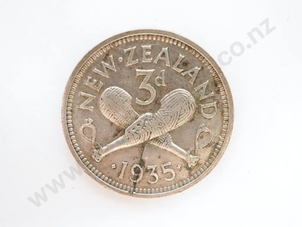 1935 New Zealand Threepence Lamination Error Coin - Planchett Fault Image 1++