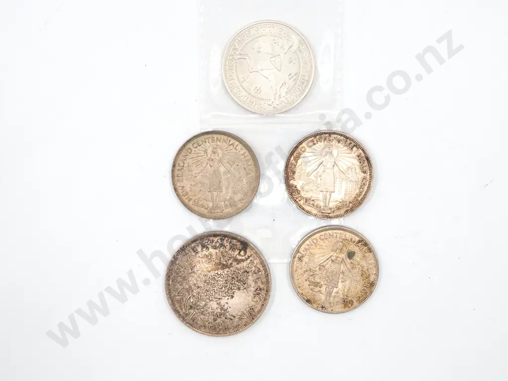 3 New Zealand 1940 Half Crowns, One 1949 NZ Crown & One 1964 German Coin Image 1++