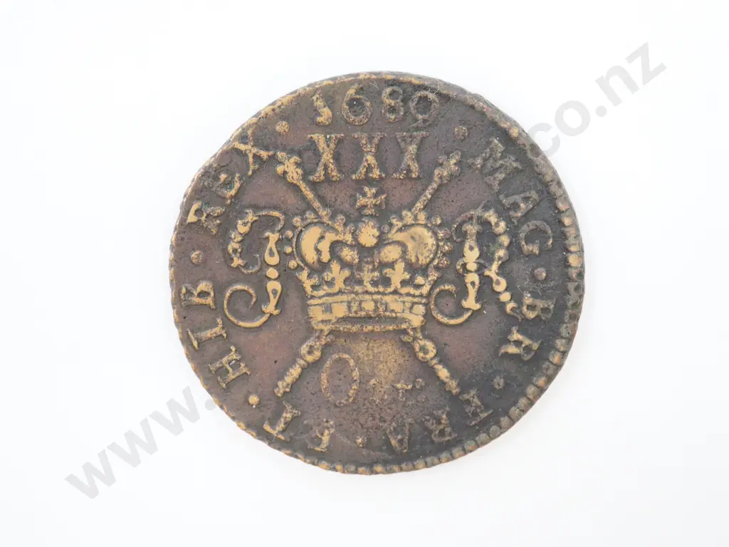 1680 United Kingdom Irish Gun Money Copper Shilling James II Image 1++