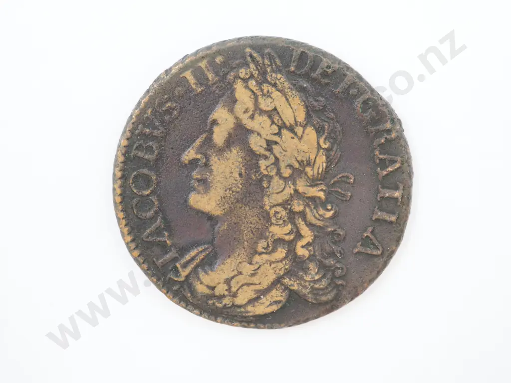 1680 United Kingdom Irish Gun Money Copper Shilling James II Image 1++