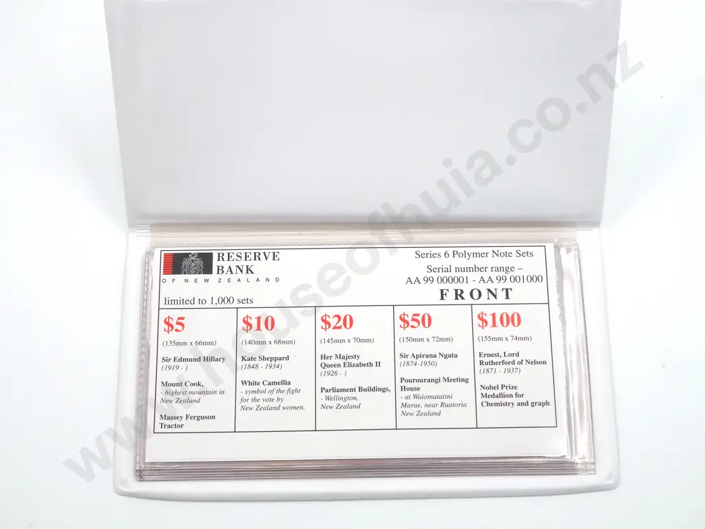 New Zealand 1999 Set of $5 - 100 Same Numbered Banknotes UNC In wallet of issue with cert, CV $800 NZD Image 1++