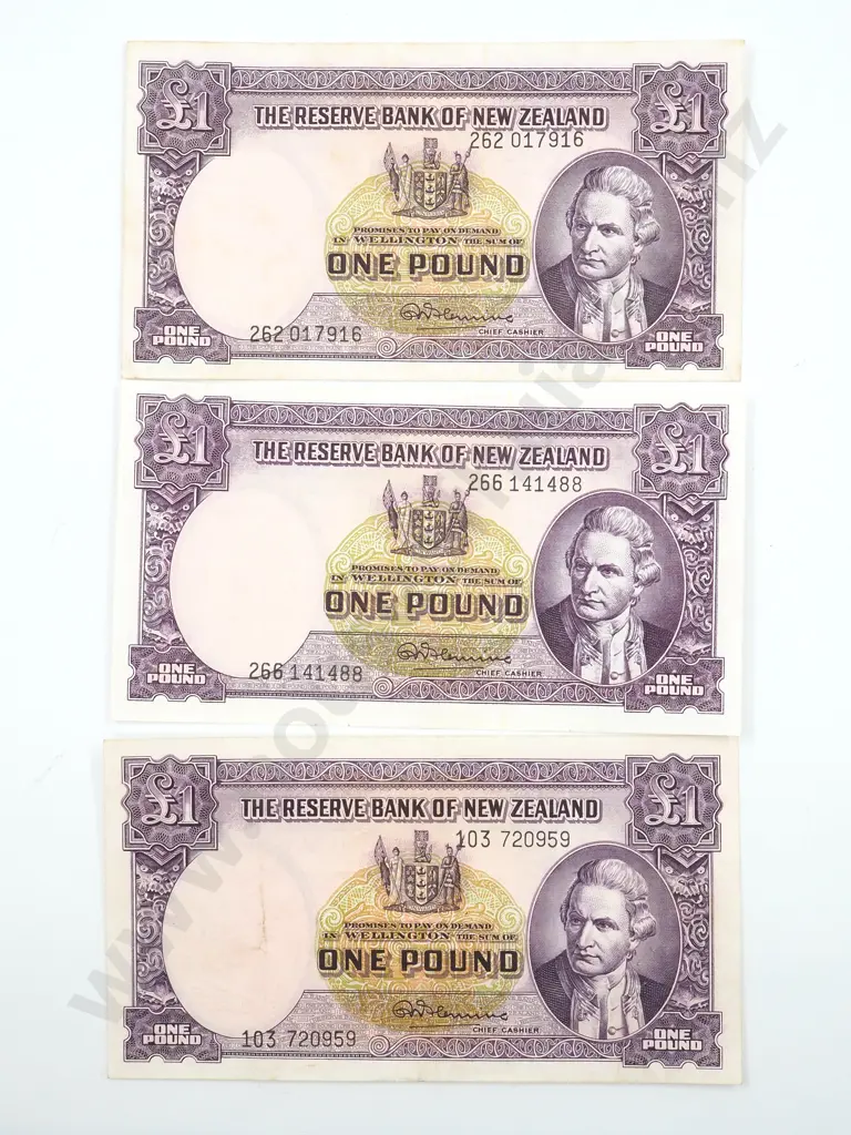 3 New Zealand Fleming One Pound Banknotes Image 1++