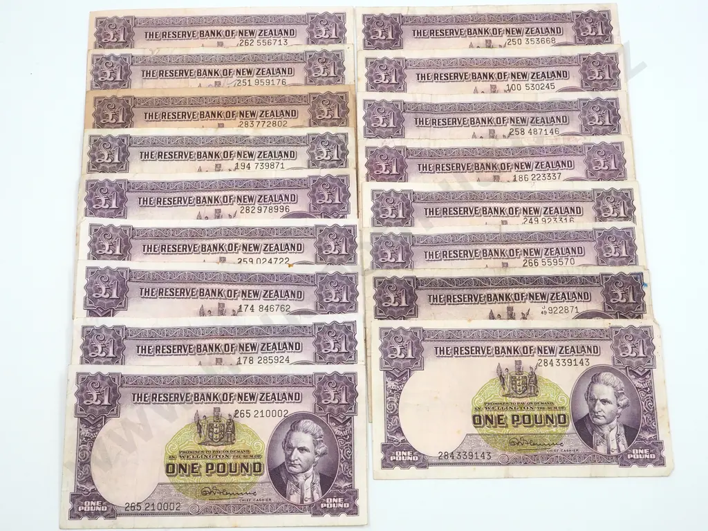 17 New Zealand One Pound Banknotes Image 1++