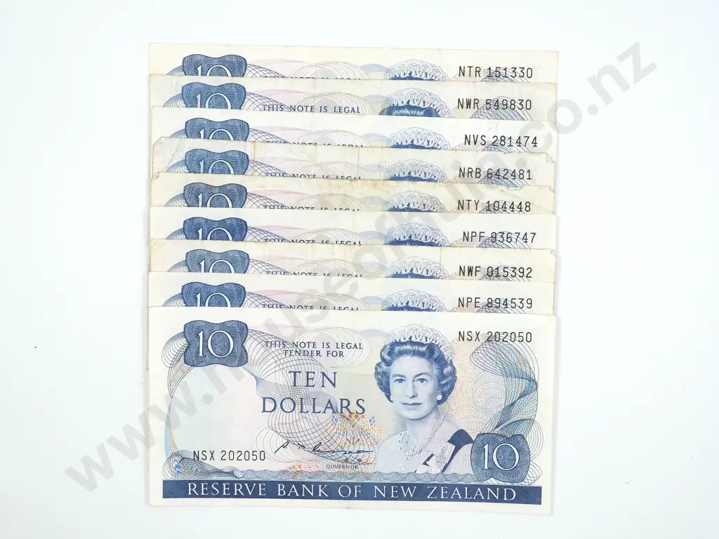Nine New Zealand Ten Dollar Banknotes: Various Signatures Image 1++