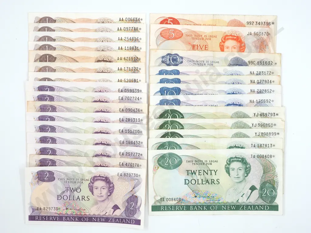 Small Collection of New Zealand Decimal Star Banknotes  $1 x 7, $2 x 9, $5 x 2, $10 x 5, $20 x 5. VG - EF" Image 1++