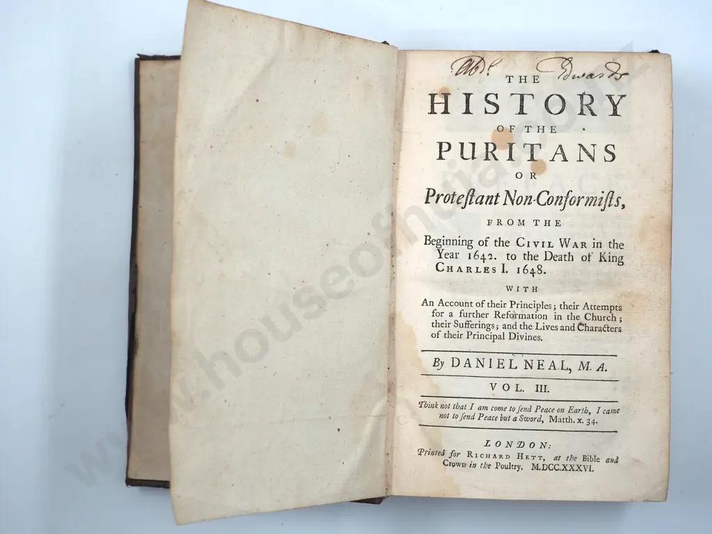 1732 Edition in Three Volumes, The History of the Puritans: Daniel Neal  Image 1++