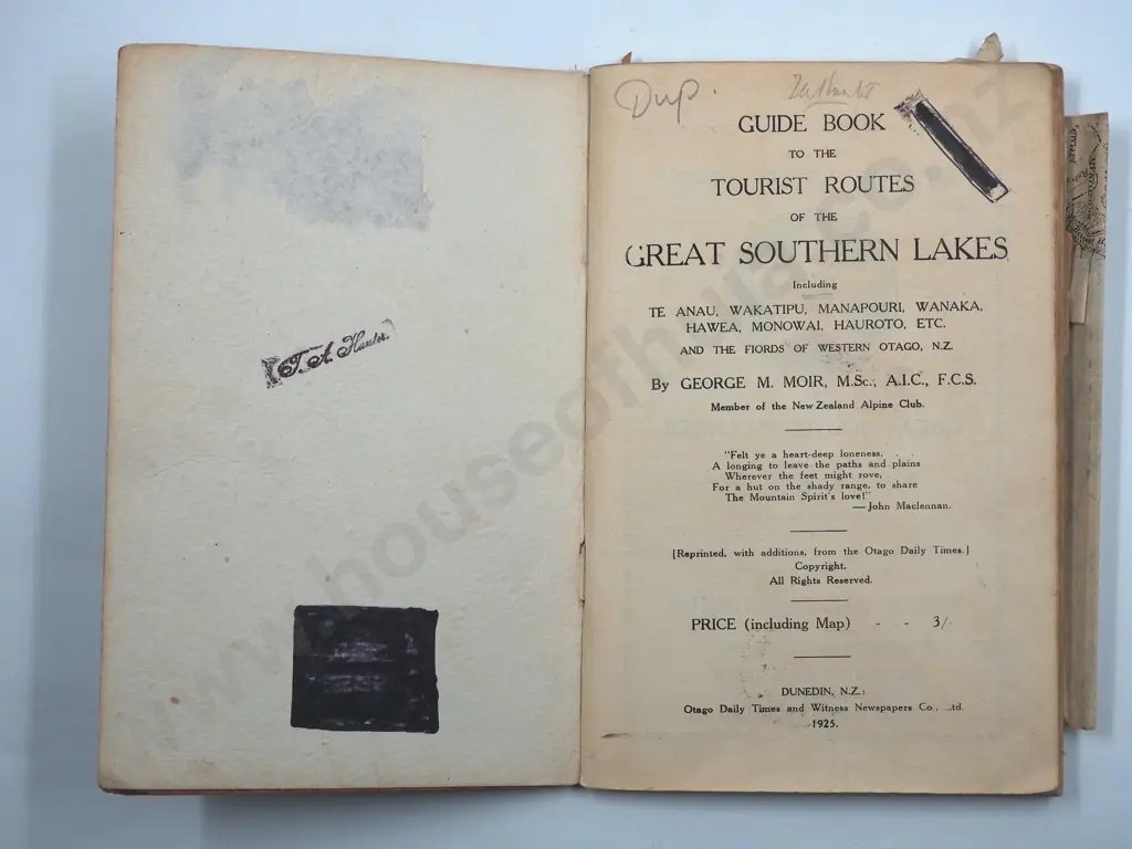 Guide Book of the Great Southern Lakes of Western Otago; George Moir  Image 1++