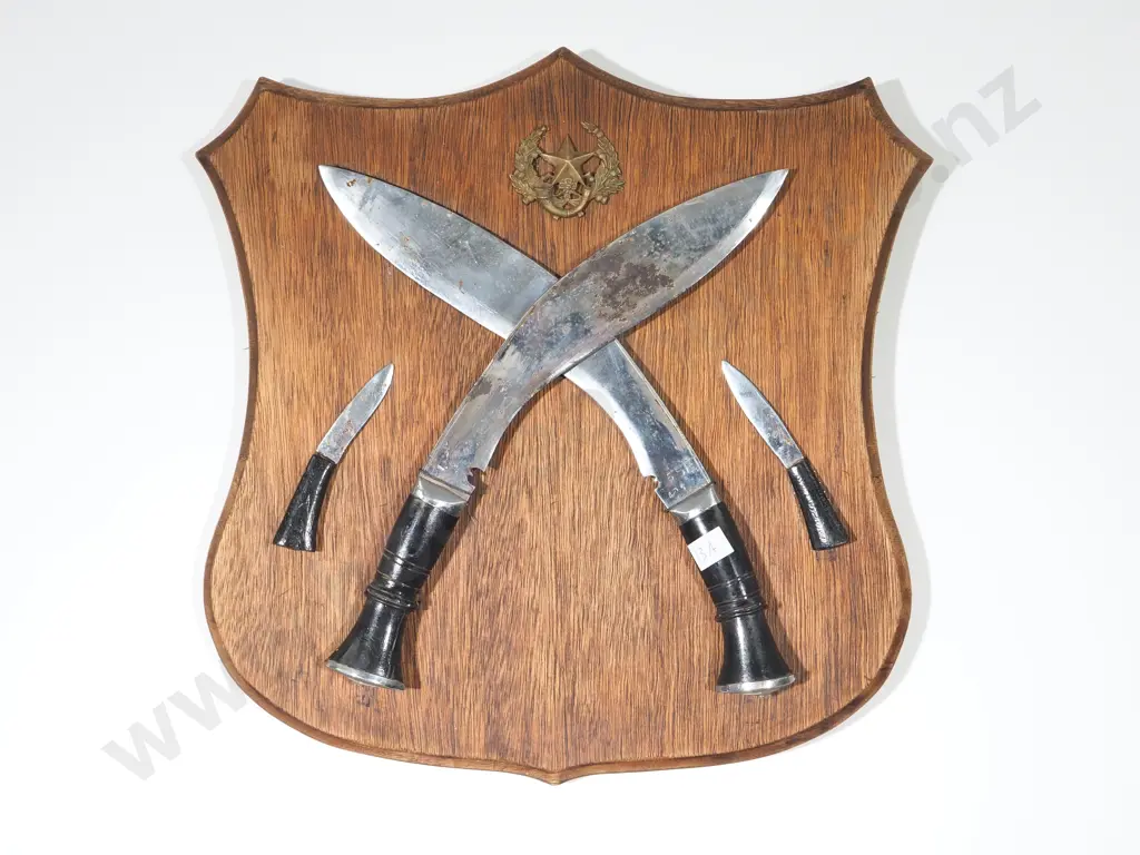 Two Crossed Kukhri Daggers on Wooden Presentation Plaque with a Ghurka Cap Badge Image 1++
