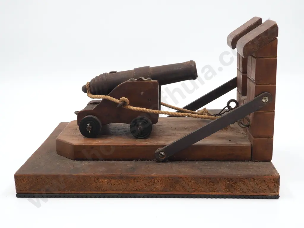 Cast Toy Cannon in Wooden Fortress: Comes with lot of Lead Cannonballs Image 1++