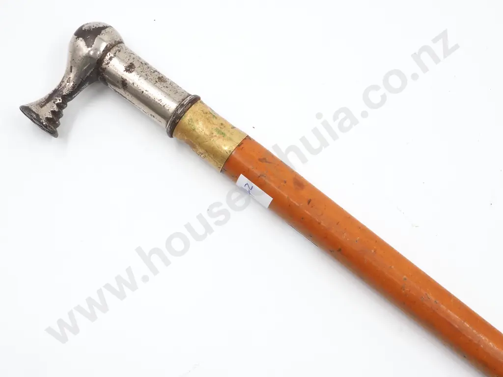 Riding Crop: Wood & Metal Construction w Mitten Name Scratched into Top: Attributed to Boer War Mounted Rifles Image 1++