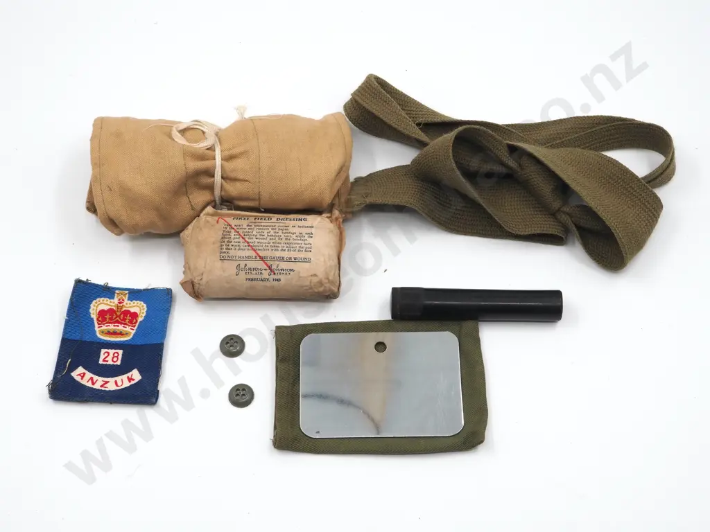 Assorted lot of Military Items: SLR Oil Bottle / 1980s Military Sewing Kit / WW2 Field Dressing/ Cloth Patch / Mirror Image 1++