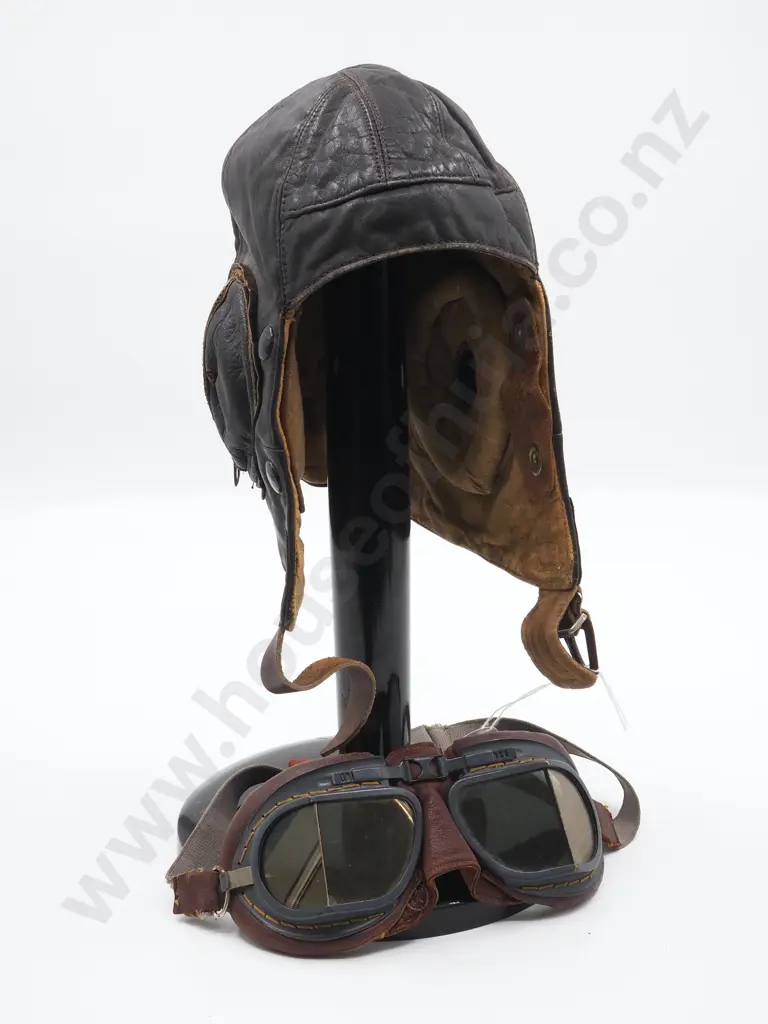 WW2 RNZAF Flying Helmet B Type w Non Matched Mk 8 Goggles on Hat Stand Image 1++