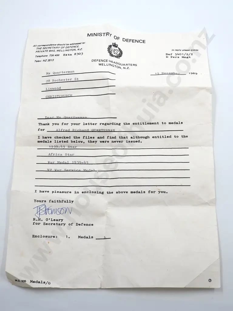 WWII New Zealand Medal Group Alfred Richard Quarterman: Late Claim in 1989 Image 1++