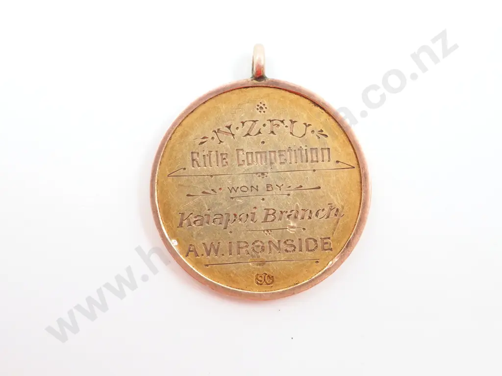NZFU 9ct Gold Rifle Competition Fob: Won by Kaiapoi Branch, A W Ironside Image 1++