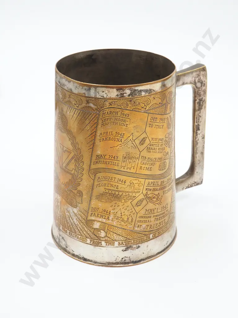 WWII Detailed Trench Art Brass Mug Image 1++