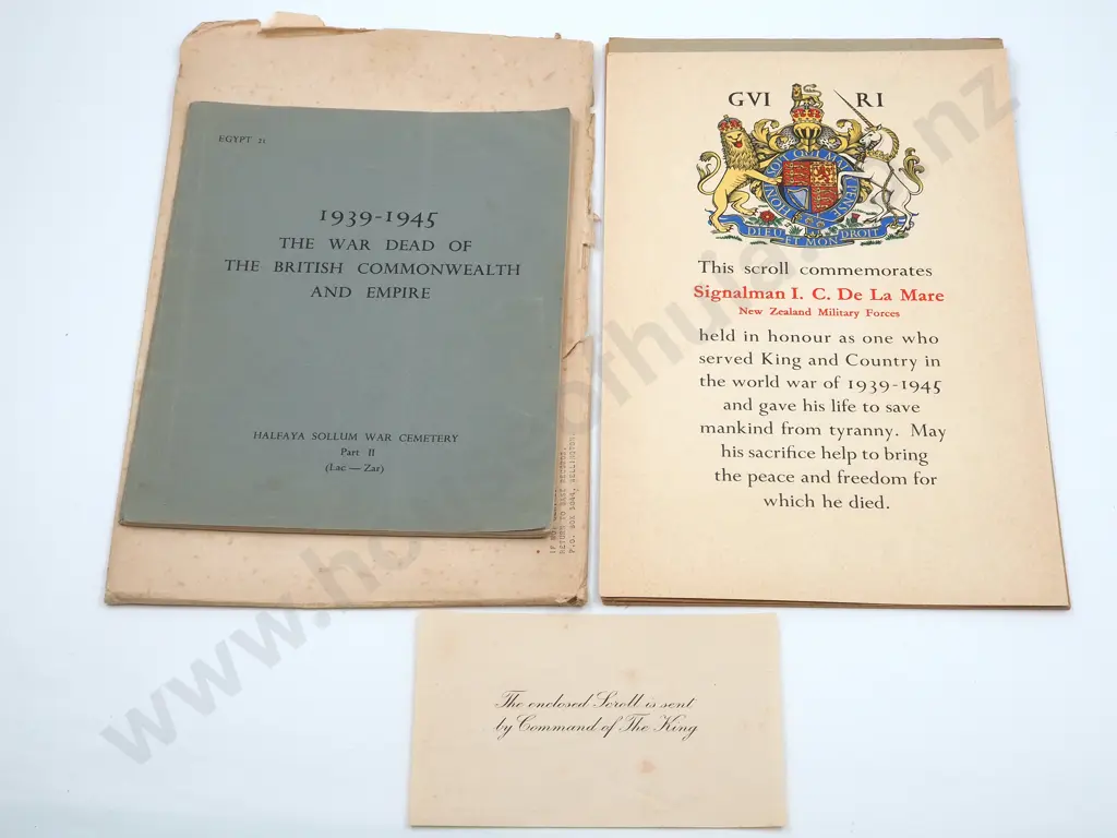 WWII Memorial Scroll to Signalman De la Mare & List of War Dead Image 1++