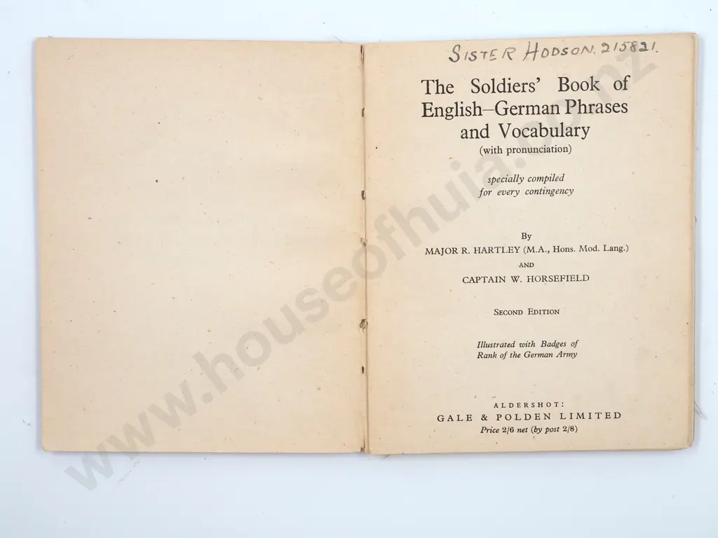 Soldiers’ Book of English-German Phrases and Vocabulary : Major R. Hartley & Captain W. Horsefield Image 1++