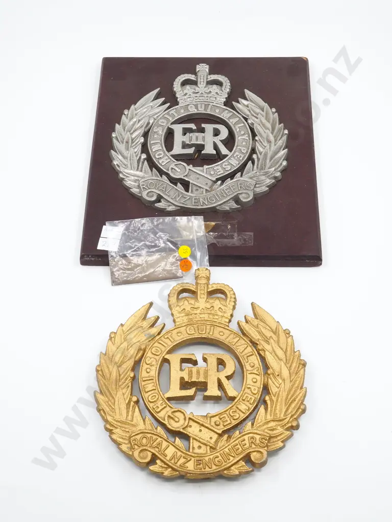 Two Cast Aluminium RNZE Wall Plaques - 1 Gold Painted, Mounted w Presentation Plaque, the other as photographed Image 1++