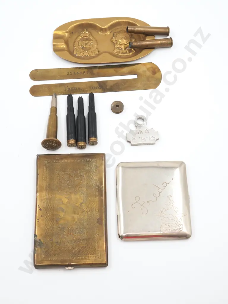 Large Lot of Trench Art Related Items - Cigarette Case / Ashtray / Bullet Bottle Opener Image 1++