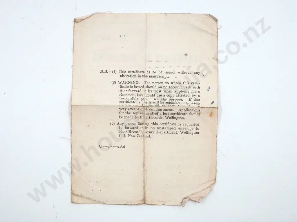 Charles John Fraser: WWII New Zealand Certificate of Discharge Image 1++