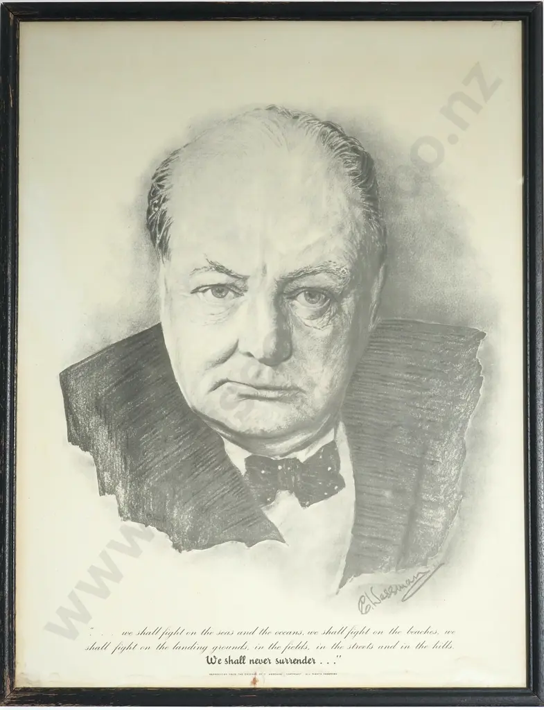 Framed Print of Winston Churchill with Wartime Speech on Lower Middle Image 1++