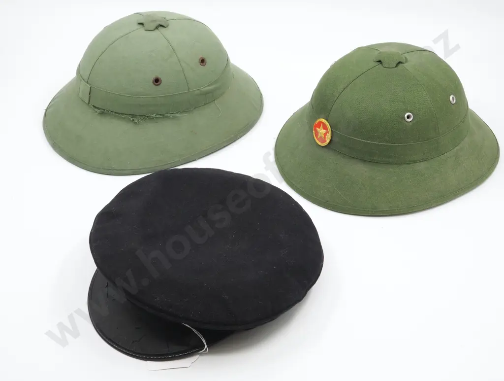 Mixed Lot of Three Helmets - Two Vietnamese, One Railway Porter Image 1++