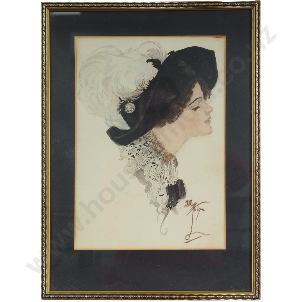 JE Hodson : Portrait of a Woman w Hat &Feathers Image 1++