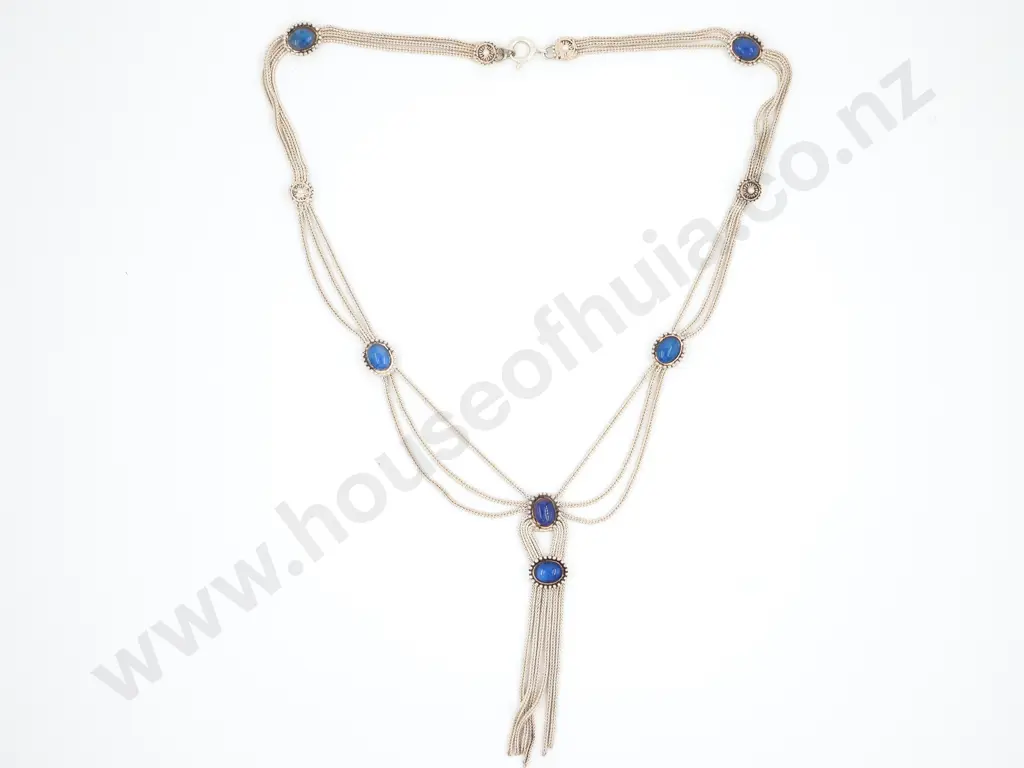 Sterling Silver Wheat-link  Necklace with Oval Lapis and Sliver Accents Image 1++
