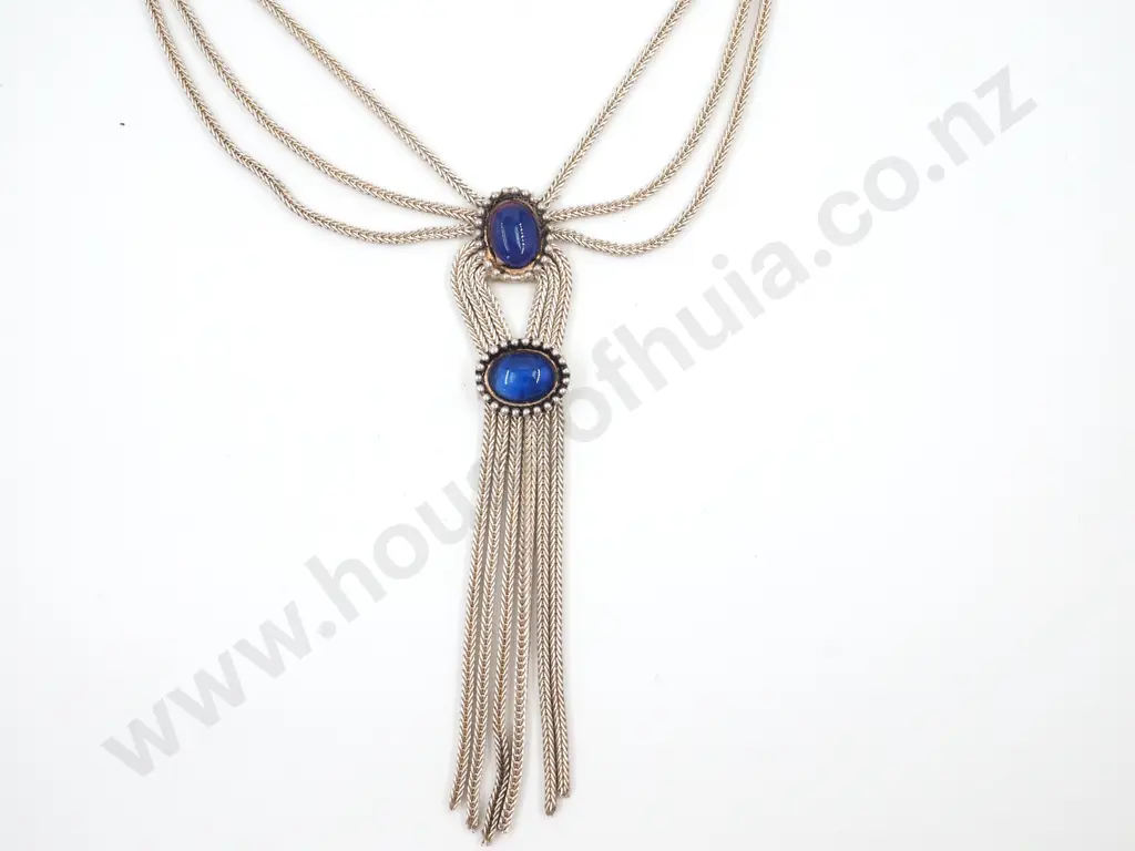 Sterling Silver Wheat-link  Necklace with Oval Lapis and Sliver Accents Image 1++