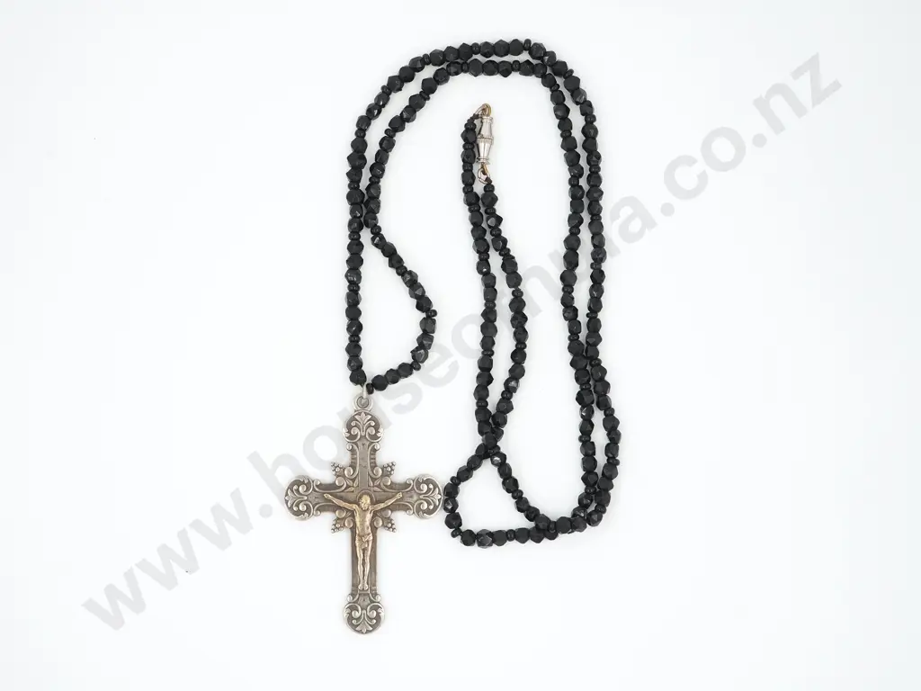 Antique Sterling Silver Cross  w Faceted Stone Necklace Image 1++