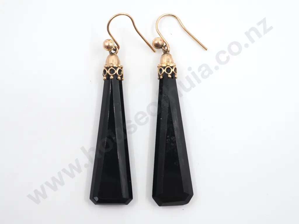 Victorian 10ct Gold & Onyx Pendant Earrings Fancy Cap Image 1++