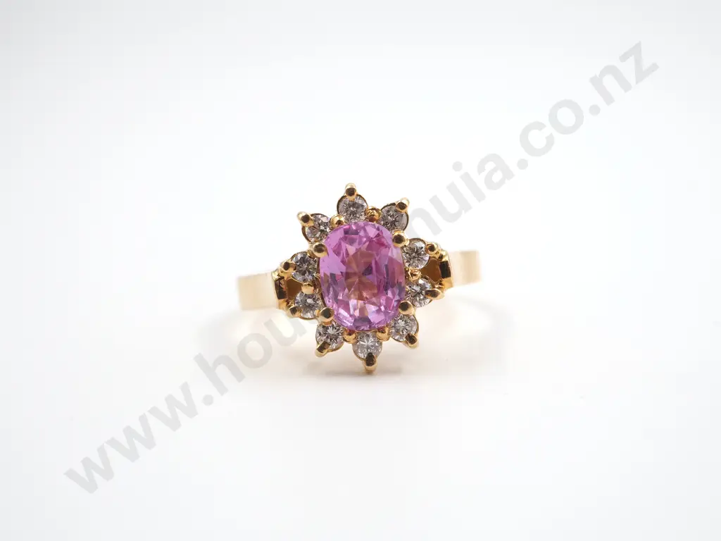 18ct Gold Pink Sapphire & Diamond Cluster Ring Image 1++