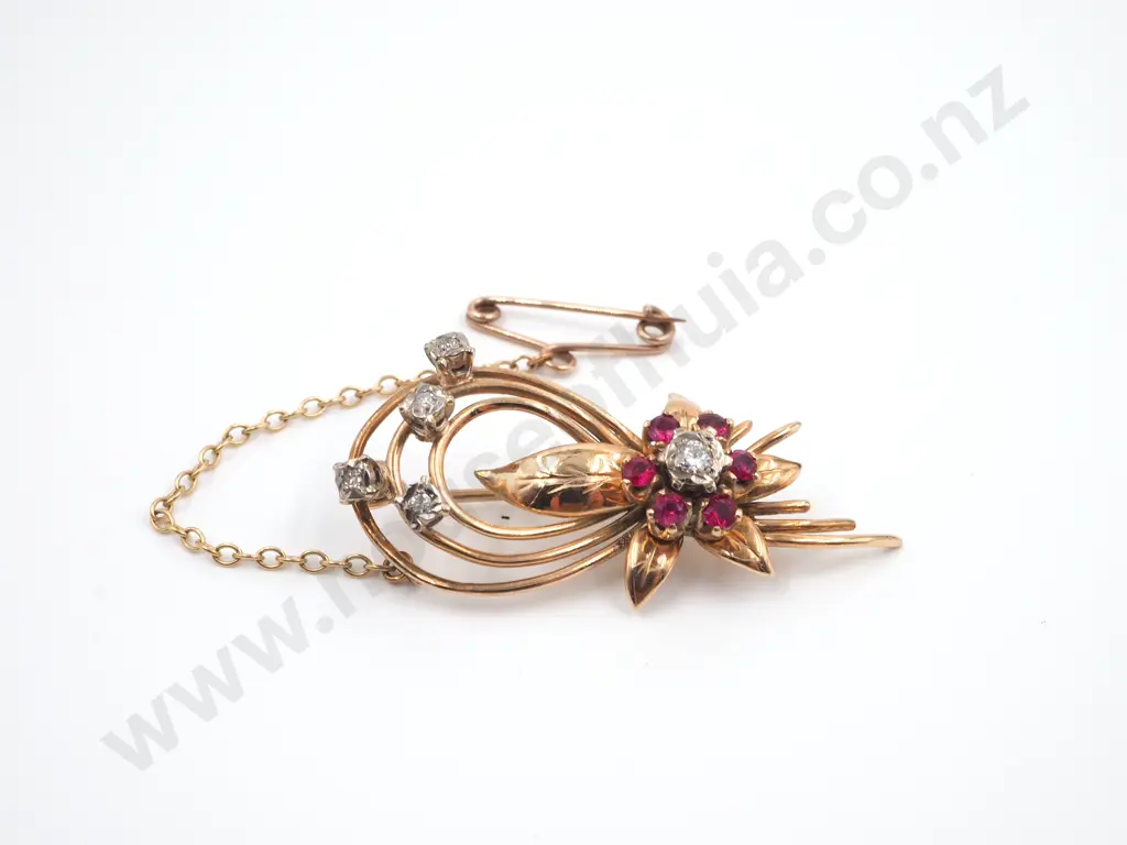 9ct Gold Spray Brooch w Rubies & Diamonds Image 1++