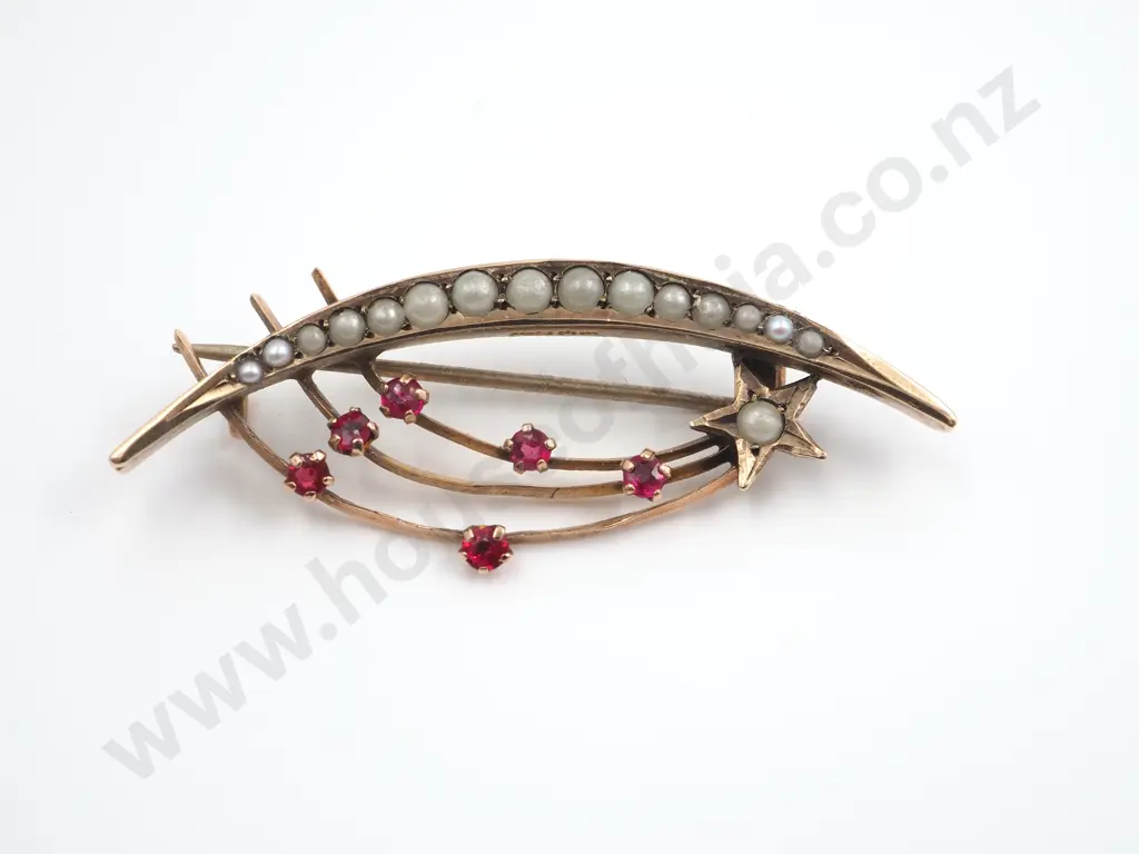 9ct Gold Edwardian Garnet & Pearl Brooch Possibly ‘Haley’s Comet’ Image 1++