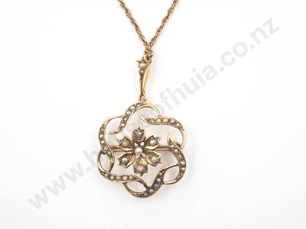 Edwardian 9ct Gold Seed Pearl Brooch / Pendant on 9ct Gold Chain Image 1++